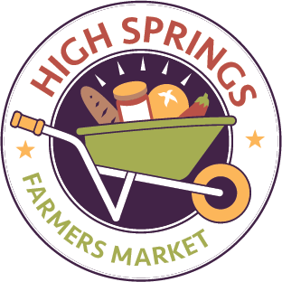 farmers market logo. Graphic of green wheel barrow with assorted fresh food inside.